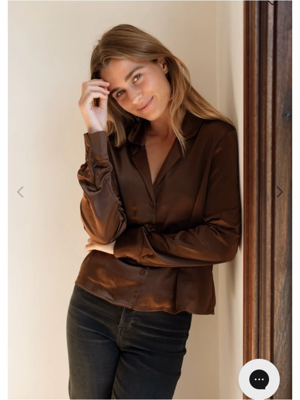 Carly Jean Los Angeles Satin Chocolate Brown Button-Down Blouse